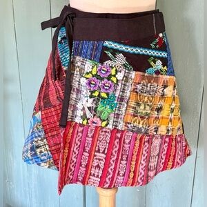 Patchwork Wrap Mini Skirt Textile Folk Boho Festival Guatemalan Embroidery OS